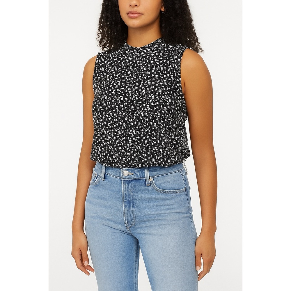 CK | Ditsy Floral Micro Floral Mock Neck Sleeveless Blouse Tank Top